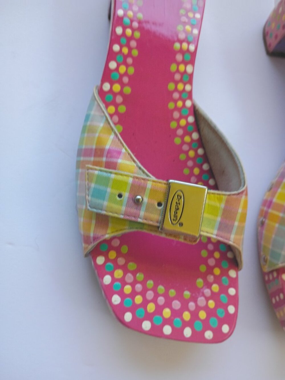 VINTAGE Painted Dr Scholl’s Original Wood Sandals Art Hand Painted Dots Size 7 - Picture 2 of 8